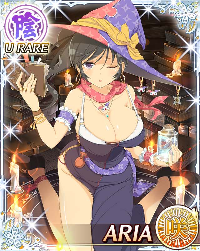 aria (senran kagura), senran kagura, senran kagura new wave, game cg, official art, 1girl, :o, black hair, black ribbon, book, border, bra, breasts, candle, card (medium), character name, cleavage, dentures, dress, earrings, english text, grimoire, groin, hair ribbon, hat, high side ponytail, holding, holding book, hoop earrings, jewelry, large breasts, large hat, long hair, looking at viewer, multicolored hat, official alternate costume, one eye closed, pentagram, purple eyes, purple hat, red hat, red scarf, ribbon, ritual, scarf, shuriken print, solo, summoning, underwear, white bra, witch, witch hat