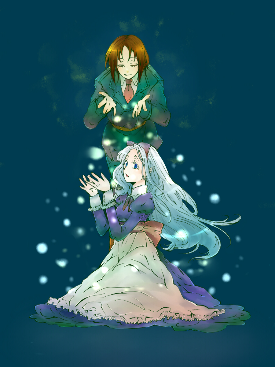 nam (hinsyo), belarus (hetalia), lithuania (hetalia), axis powers hetalia, bad id, bad pixiv id, highres, 00s, blue eyes, brown hair, closed eyes, dress, hair ribbon, long hair, military, military uniform, ribbon, short hair, snow, white hair