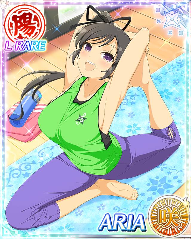 aria (senran kagura), senran kagura, senran kagura new wave, game cg, official art, 1girl, :d, arms up, barefoot, black hair, black ribbon, border, bottle, breasts, card (medium), character name, day, english text, green tank top, hair ribbon, high side ponytail, large breasts, long hair, looking at viewer, official alternate costume, open mouth, pants, purple eyes, purple pants, ribbon, smile, solo, stretching, tank top, towel, water bottle, wooden floor, yoga, yoga mat