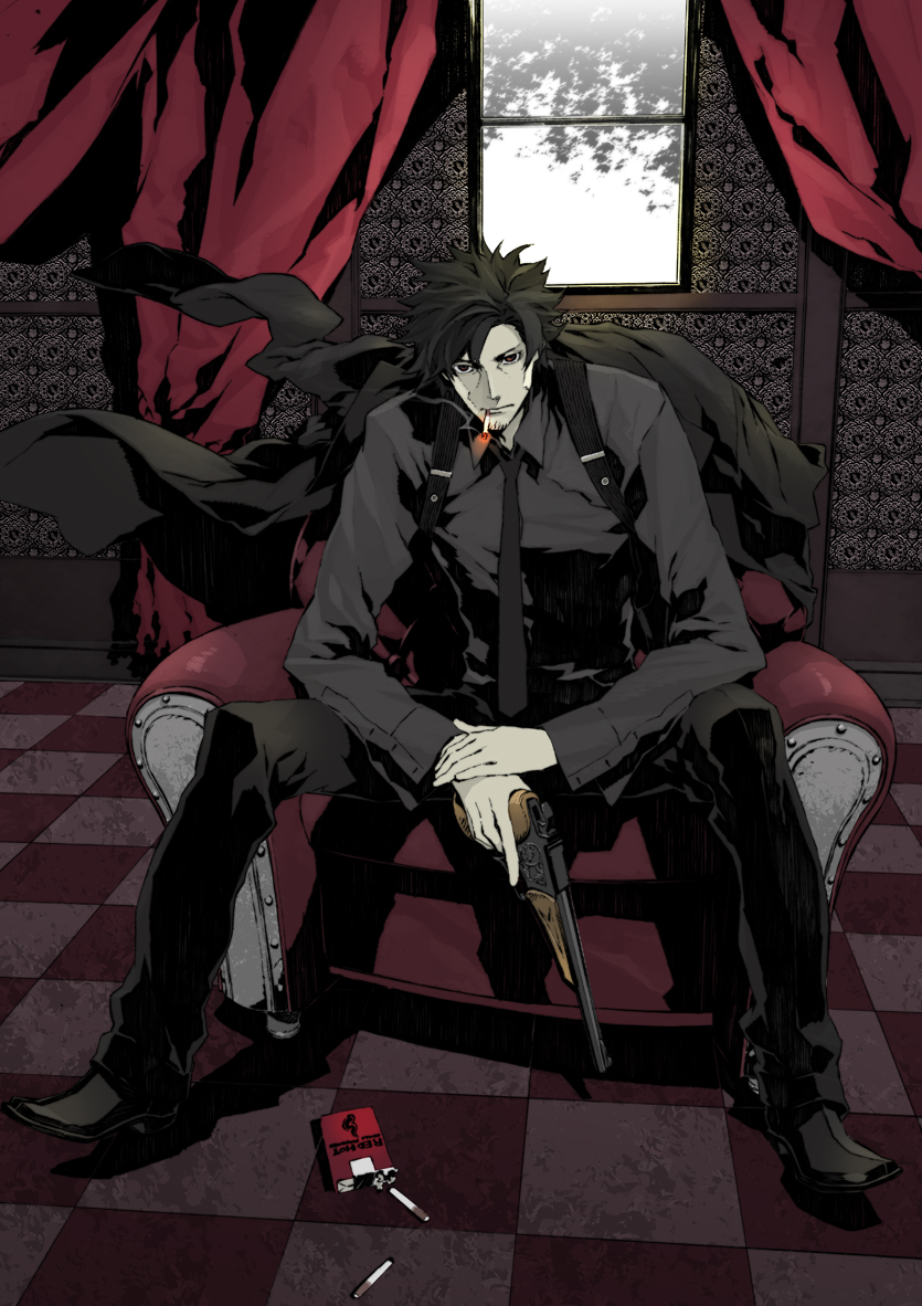 miwa shirow, emiya kiritsugu, fate/stay night, fate/zero, fate (series), 00s, 1boy, cigarette, coat, formal clothes, gun, male focus, necktie, smoking, solo, suit, suspenders, weapon