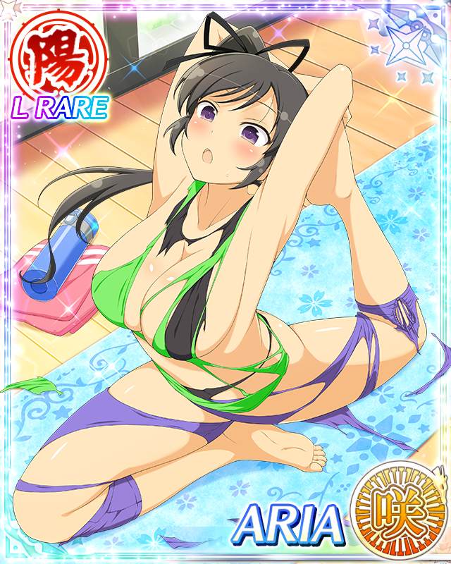 aria (senran kagura), senran kagura, senran kagura new wave, game cg, official art, 1girl, :o, arms up, barefoot, black hair, black ribbon, blush, border, bottle, breasts, card (medium), character name, day, english text, green tank top, hair ribbon, high side ponytail, large breasts, long hair, official alternate costume, pants, purple eyes, purple pants, ribbon, shirt, solo, stretching, tank top, torn clothes, torn pants, torn shirt, towel, water bottle, wooden floor, yoga, yoga mat
