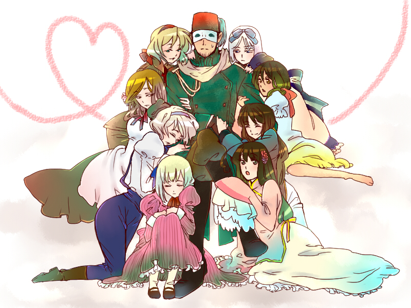 nam (hinsyo), belarus (hetalia), belgium (hetalia), hungary (hetalia), liechtenstein (hetalia), seychelles (hetalia), taiwan (hetalia), turkey (hetalia), ukraine (hetalia), vietnam (hetalia), axis powers hetalia, bad id, bad pixiv id, 00s, 1boy, 6+girls, aiguillette, boots, changpao, chinese clothes, dress, fez hat, harem, hat, heart, manly, mask, military, military uniform, multiple girls