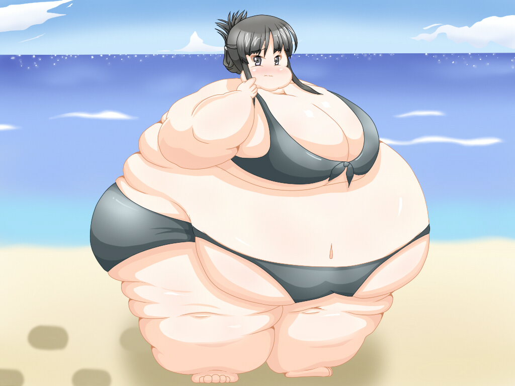 k-on!, bad tag, wallpaper, beach, bikini, black hair, double chin, fat, swimsuit