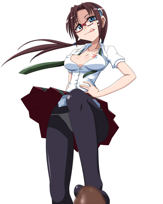 non (number), makinami mari illustrious, evangelion: 2.0 you can (not) advance, neon genesis evangelion, rebuild of evangelion, 00s, 1girl, :q, blue eyes, breasts, brown hair, censored, covered erect nipples, cum, cum on body, cum on breasts, cum on hair, cum on upper body, facial, feet, femdom, footjob, footjob with legwear, glasses, hairband, hand on own hip, hip focus, lactation, long hair, necktie, nipples, panties, panties under pantyhose, pantyhose, penis, plaid clothes, plaid skirt, pov, school uniform, simple background, skirt, solo focus, tongue, tongue out, twintails, underwear, upskirt, white panties