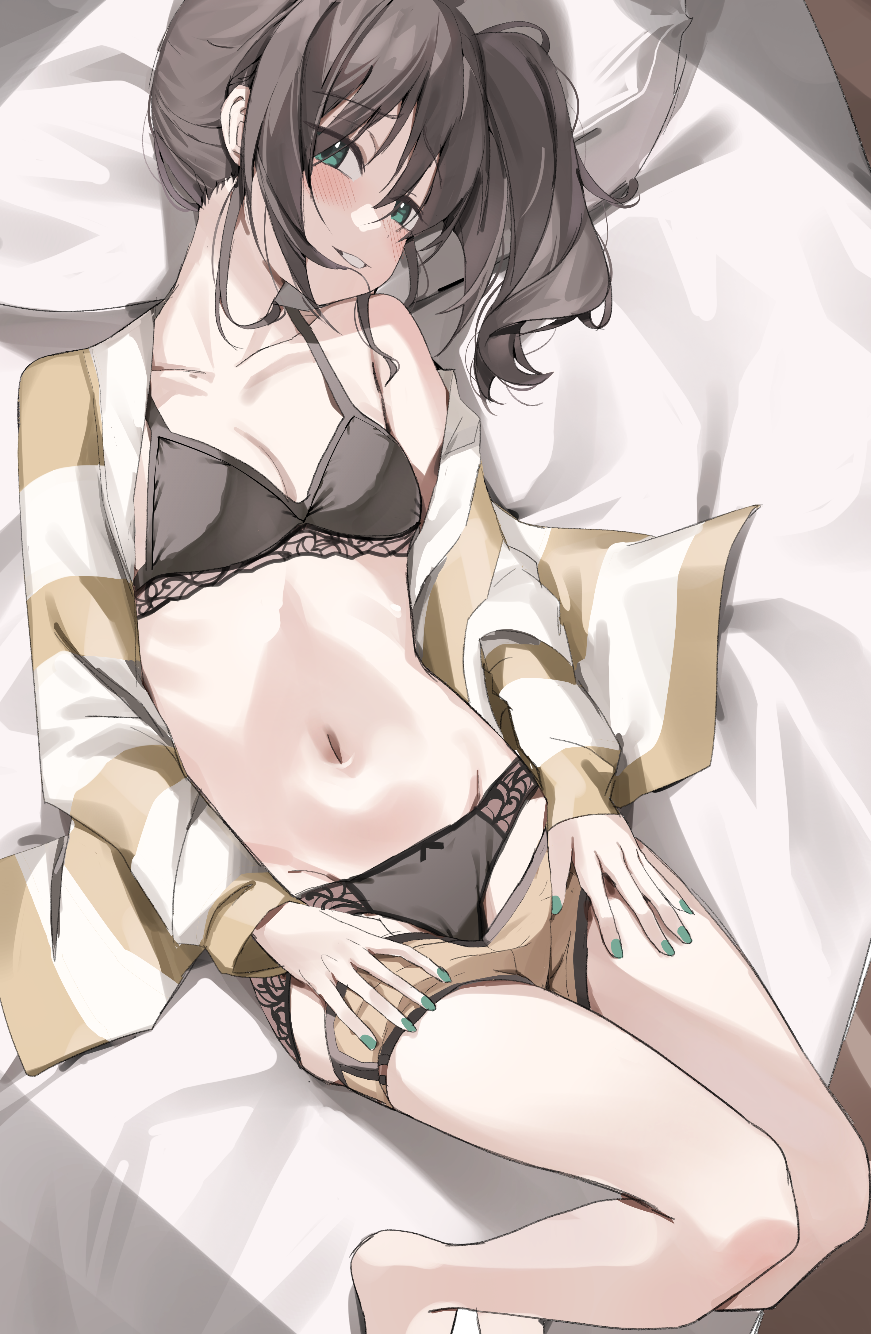 scarlet (wv0102), natsuiro matsuri, hololive, absurdres, highres, 1girl, bike shorts, bike shorts pull, black bra, black panties, blush, bra, breasts, brown hair, clenched teeth, collarbone, green eyes, green nails, lingerie, long hair, looking at viewer, lying, nail polish, navel, on back, panties, side ponytail, small breasts, smile, solo, stomach, teeth, underwear, virtual youtuber