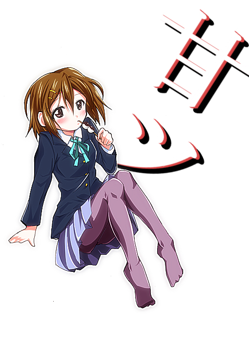 hirasawa yui, k-on!, 00s, brown eyes, brown hair, jacket, pantyhose, sitting, skirt