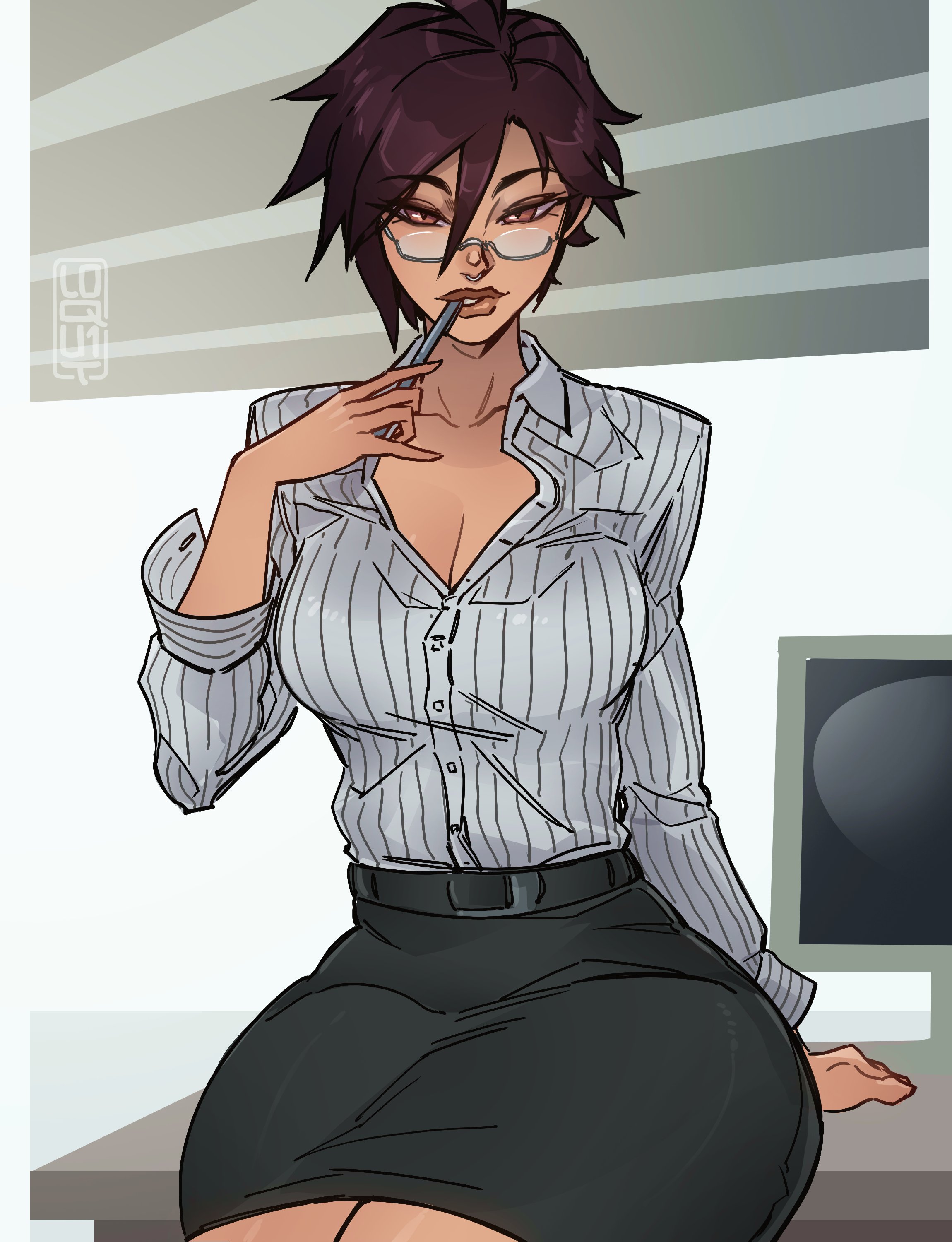 loqu1t, invisigal (dispatch), dispatch, absurdres, highres, 1girl, black hair, breasts, brown eyes, brown hair, dark-skinned female, dark skin, face piercing, glasses, looking at viewer, nose piercing, pencil skirt, piercing, shirt, short hair, skirt, solo