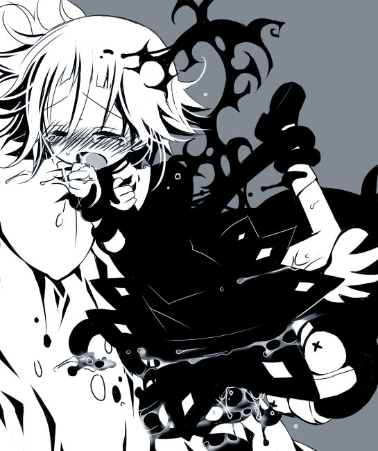 crona (soul eater), ragnarok (soul eater), soul eater, gender request, 00s, androgynous, bed, bed sheet, black dress, black skin, blush, closed eyes, colored skin, cum, dress, high collar, leg lift, monochrome, on bed, pillow, pillow grab, rape, restrained, saliva, shoes, short hair, sweat, tears, tentacles, x x