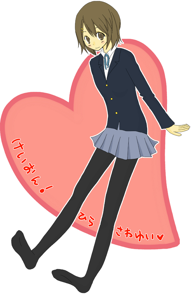 hirasawa yui, k-on!, 00s, brown hair, heart, jacket, pantyhose, sitting, skirt