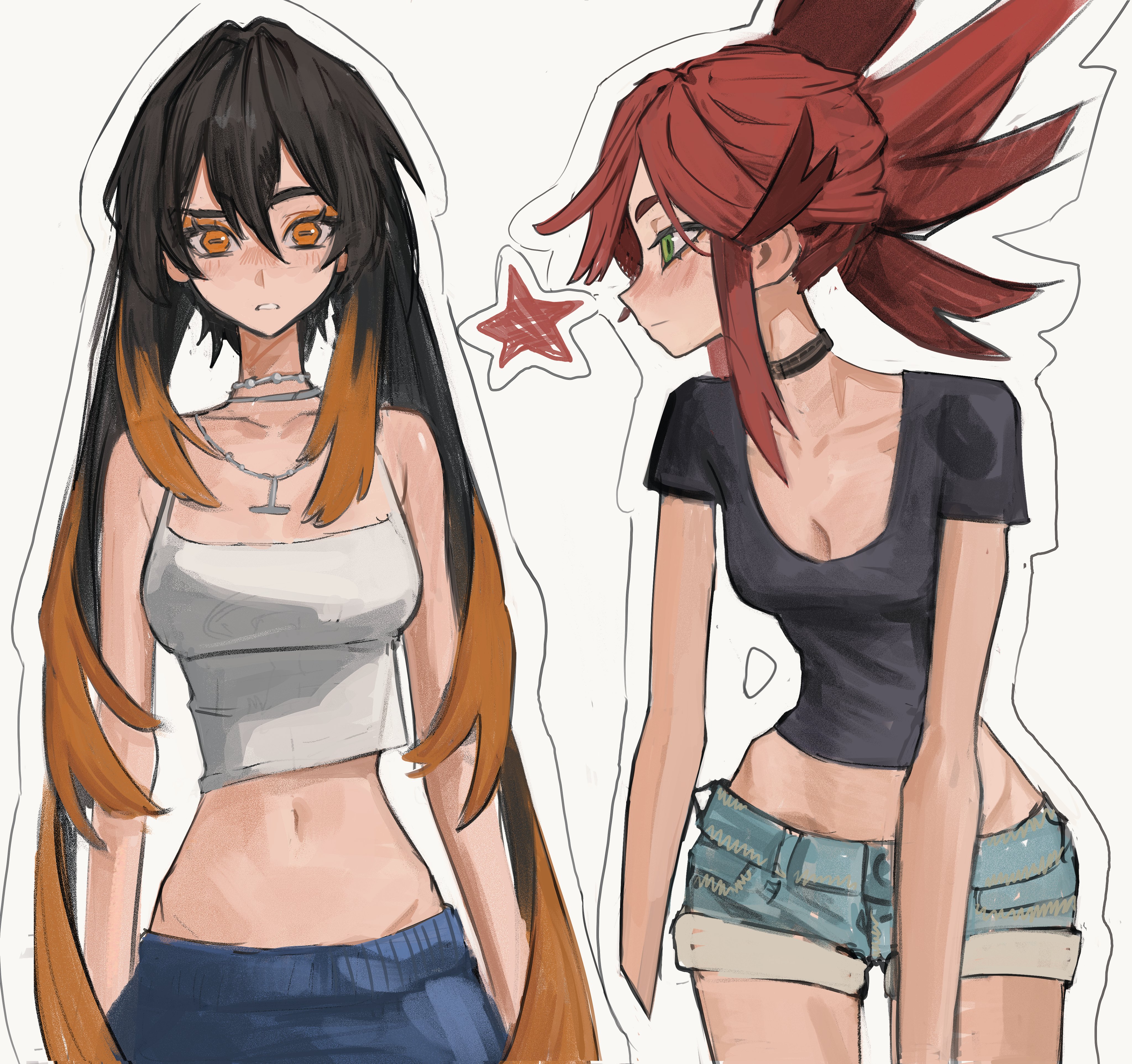 tefi blum, amo empool, riyo reaper, gachiakuta, absurdres, commentary, english commentary, highres, 2girls, bare shoulders, black choker, black hair, black shirt, blue shorts, blush, breasts, choker, cleavage, closed mouth, collarbone, colored tips, crop top, denim, denim shorts, eyeshadow, folded ponytail, green eyes, hair between eyes, jewelry, long hair, looking at another, makeup, medium breasts, midriff, multicolored hair, multiple girls, narrow waist, navel, necklace, orange eyes, orange eyeshadow, orange hair, outline, profile, shirt, short sleeves, shorts, skinny, sleeveless, sleeveless shirt, star (symbol), stomach, tank top, two-tone hair, very long hair, white background, white outline, white tank top
