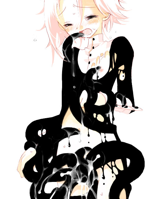 crona (soul eater), ragnarok (soul eater), soul eater, gender request, 00s, 1boy, androgynous, black dress, blush, censored, closed eyes, clothes lift, convenient censoring, cuff links, cum, dress, dress lift, dripping, high collar, navel, nipples, no panties, open mouth, orgasm, pink hair, rape, saliva, short hair, skinny, slender, sweat, tears, tentacles, torn clothes
