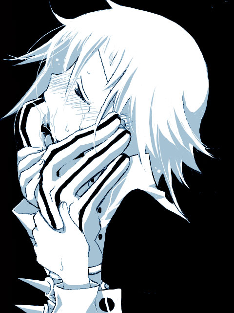 soul eater, finger in mouth, 00s, blush, closed eyes, saliva, short hair, shy, spikes, tears