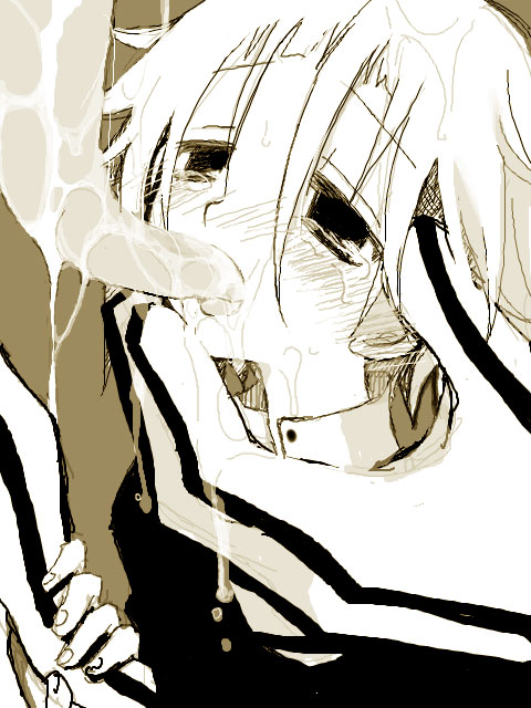 crona (soul eater), ragnarok (soul eater), soul eater, gender request, 00s, androgynous, blush, dripping, forced, french kiss, gloves, hair between eyes, high collar, kiss, saliva, short hair, striped clothes, striped gloves, tears, tongue, wet