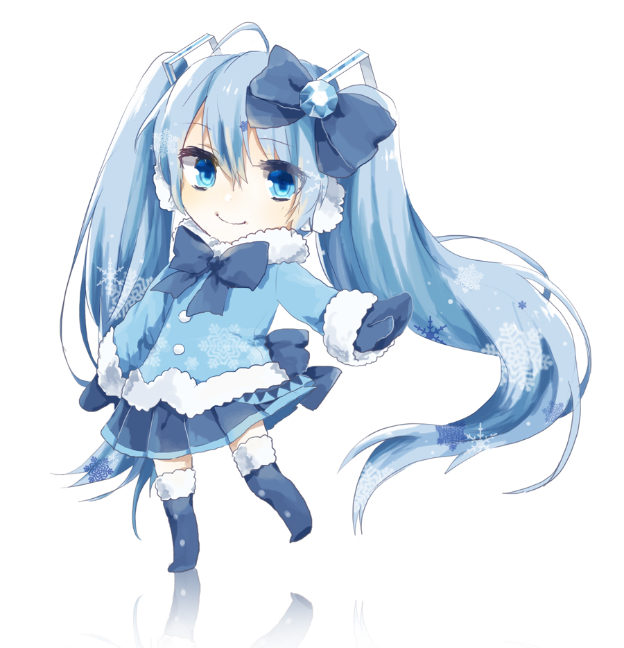 moegi0926, hatsune miku, yuki miku, yuki miku (2012), vocaloid, commentary request, 1girl, blue bow, blue coat, blue eyes, blue gemstone, blue hair, blue mittens, blue shoes, blue skirt, bow, closed mouth, coat, deformed, full body, gem, hair between eyes, hair bow, long hair, looking at viewer, mittens, pleated skirt, reflection, shoes, skirt, smile, snowflakes, solo, twintails, very long hair, white background