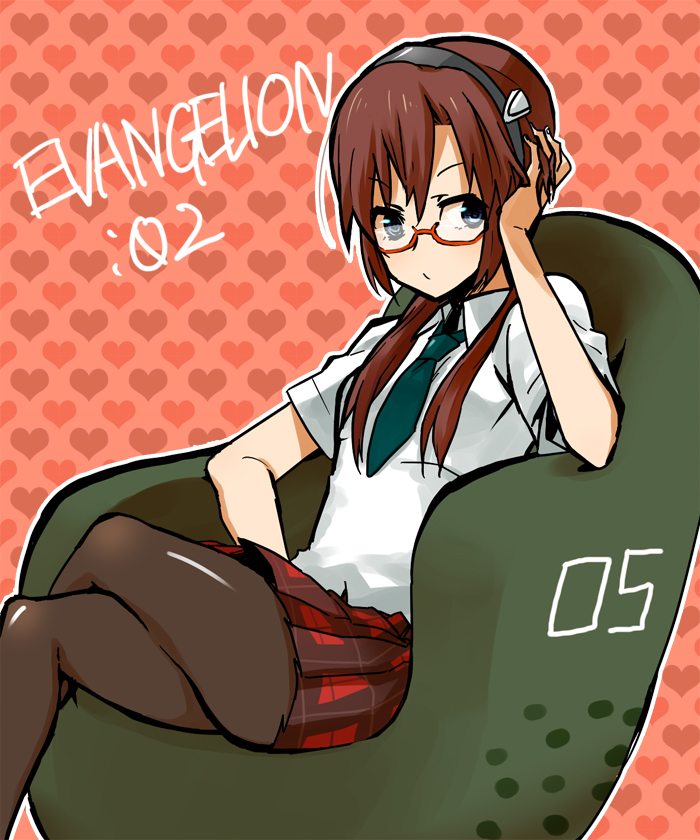 sabo (fuya 2), makinami mari illustrious, evangelion: 2.0 you can (not) advance, neon genesis evangelion, rebuild of evangelion, 00s, 1girl, blue eyes, brown hair, chair, couch, crossed legs, female focus, glasses, green upholstery, hairband, headband, heart, necktie, pantyhose, plaid clothes, plaid skirt, school uniform, sitting, skirt, smile, solo, twintails