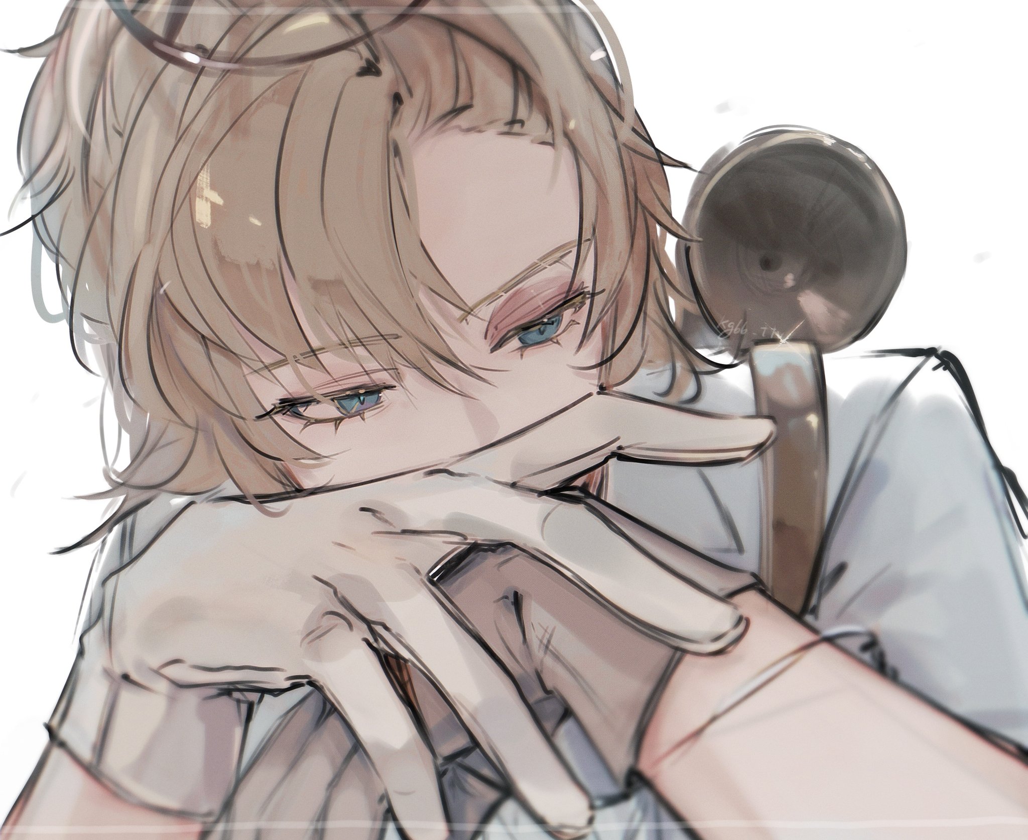 luca balsa, luca balsa (paranormal detective), identity v, highres, 1boy, blonde hair, blue eyes, bruise, bruised eye, coat, covered mouth, gloves, hair between eyes, injury, kg66 ttv, looking to the side, male focus, official alternate costume, portrait, solo, white background, white coat, white gloves