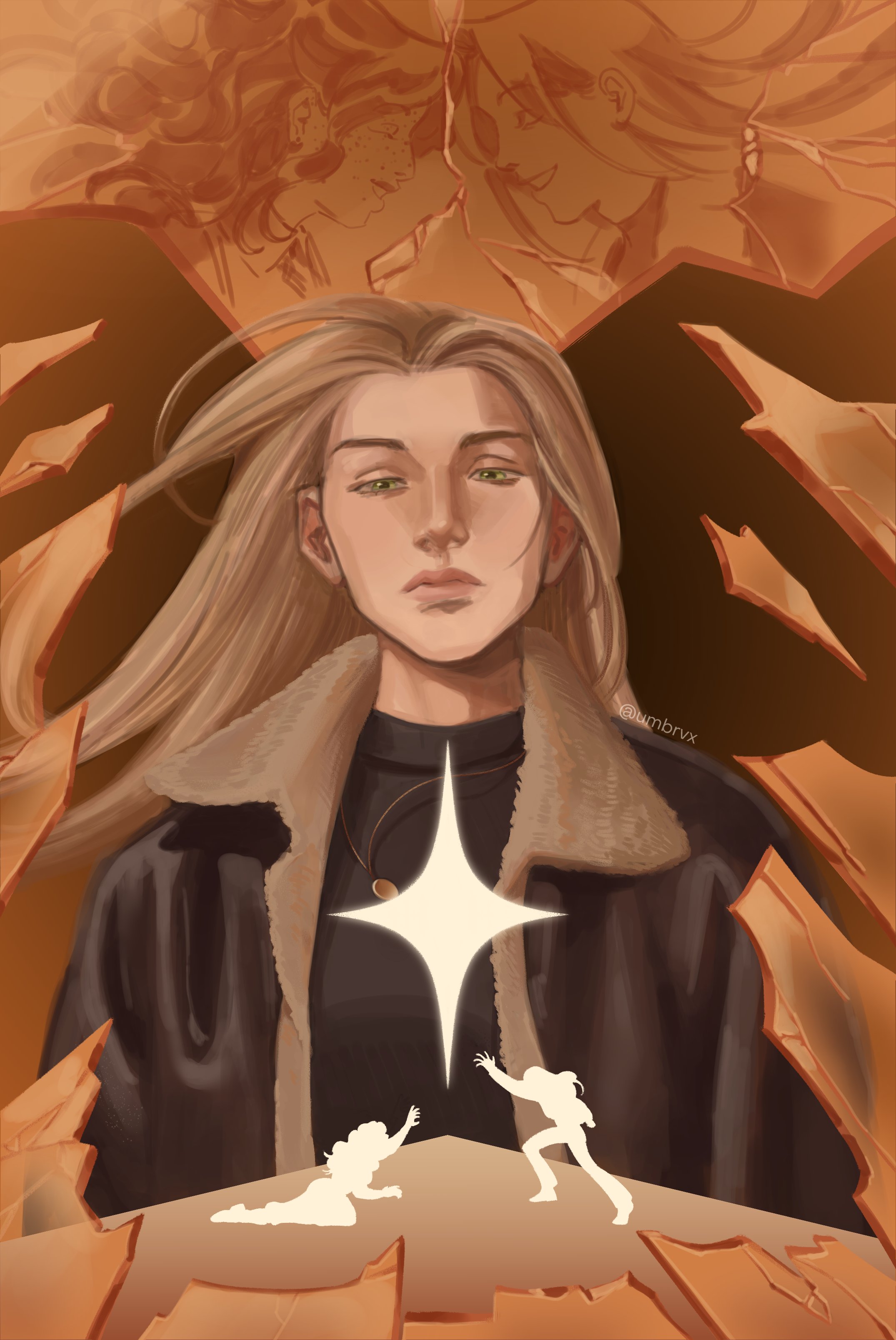 umbrvx, omniscient reader's viewpoint, absurdres, commentary, english commentary, highres, 1girl, 2others, anna croft, black jacket, black shirt, blonde hair, deadpan, floating hair, fur-trimmed jacket, fur trim, green eyes, iris rebezova, jacket, jewelry, long hair, looking at viewer, mini person, multiple others, necklace, outstretched arm, reaching, selena kim, shirt, sparkle, wind