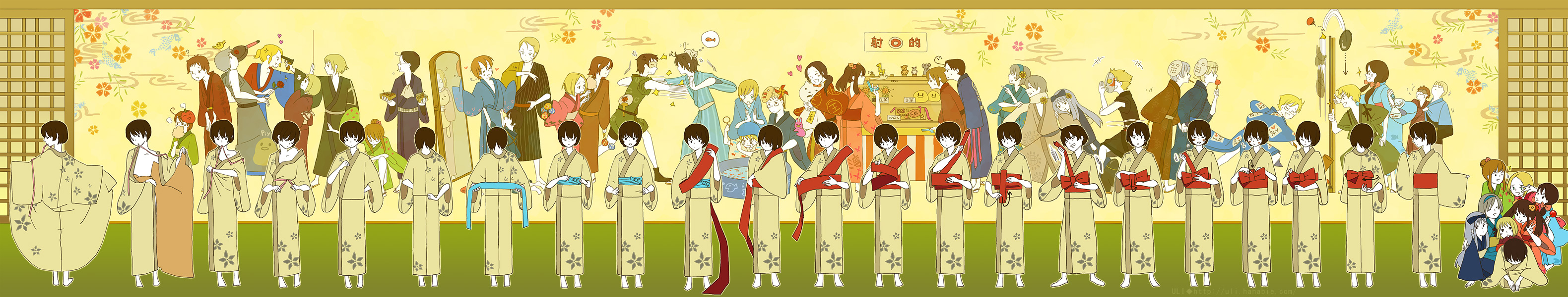 uli, america (hetalia), austria (hetalia), belarus (hetalia), canada (hetalia), china (hetalia), denmark (hetalia), estonia (hetalia), finland (hetalia), france (hetalia), germany (hetalia), greece (hetalia), hong kong (hetalia), hungary (hetalia), iceland (hetalia), japan (hetalia), korea (hetalia), kumajirou (hetalia), latvia (hetalia), liechtenstein (hetalia), lithuania (hetalia), northern italy (hetalia), norway (hetalia), poland (hetalia), prussia (hetalia), russia (hetalia), sealand (hetalia), seychelles (hetalia), southern italy (hetalia), spain (hetalia), sweden (hetalia), switzerland (hetalia), taiwan (hetalia), turkey (hetalia), ukraine (hetalia), united kingdom (hetalia), axis powers hetalia, bad id, bad pixiv id, highres, long image, translated, wide image, 00s, 2boys, 6+girls, = =, absolutely everyone, crossdressing, everyone, how to, japanese clothes, kimono, multiple boys, multiple girls, tasuki