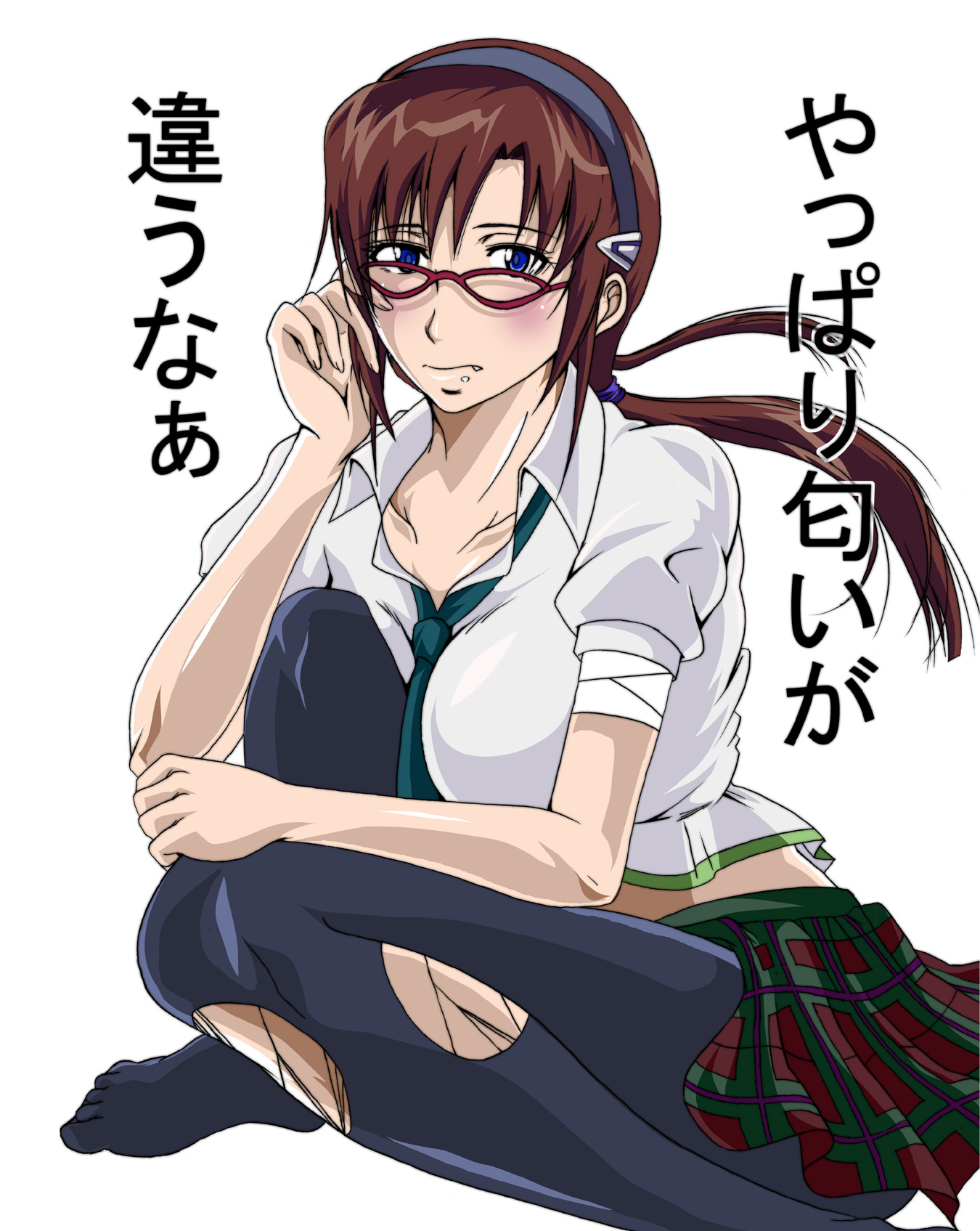 bibi (kairanbangate), makinami mari illustrious, neon genesis evangelion, torn legwear, highres, bandages, blue eyes, breasts, brown hair, cleavage, glasses, necktie, pantyhose, skirt, torn clothes, twintails