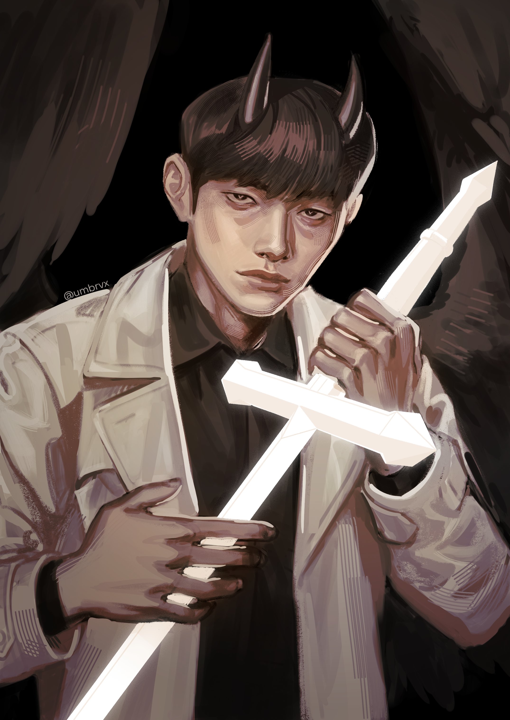 umbrvx, kim dokja, omniscient reader's viewpoint, absurdres, highres, 1boy, aegyo sal, black hair, black shirt, black wings, coat, demon horns, feathered wings, holding, holding sword, holding weapon, horns, looking at viewer, male focus, official alternate costume, open clothes, open coat, serious, shirt, short hair, solo, sword, upper body, weapon, white coat, wings