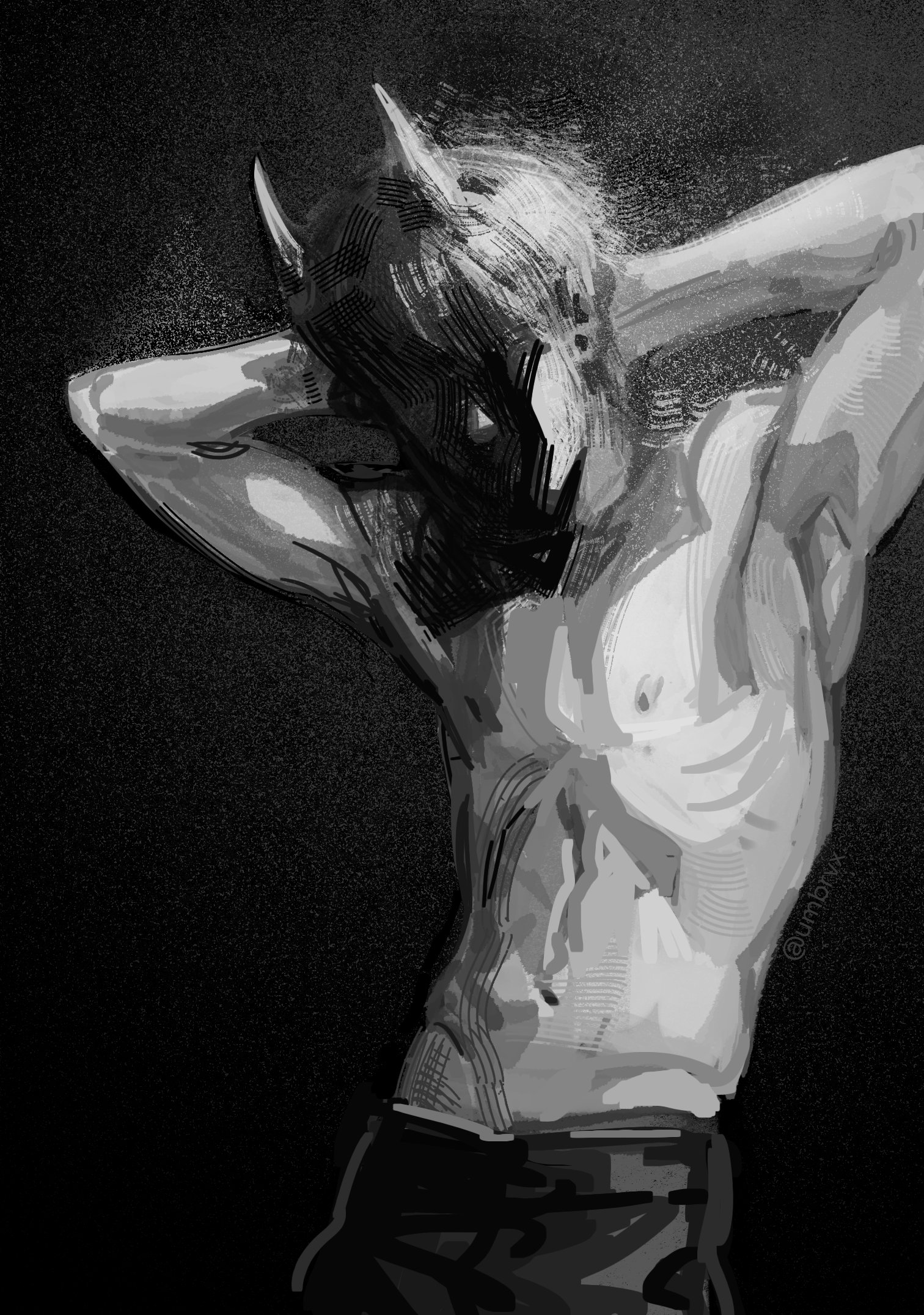 umbrvx, kim dokja, omniscient reader's viewpoint, highres, 1boy, abs, arms behind head, cowboy shot, demon horns, greyscale, head down, horns, male focus, monochrome, muscular, muscular male, no shirt, pants, pectorals, shaded face, short hair, solo