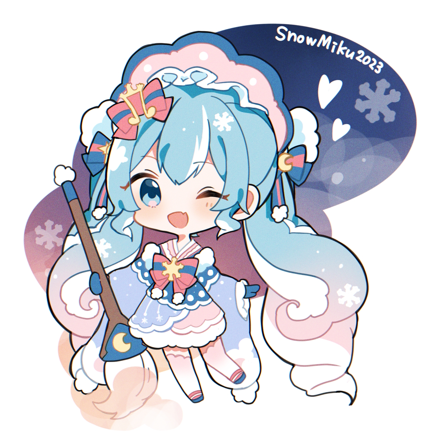 uon shil, hatsune miku, yuki miku, yuki miku (2023), vocaloid, commentary, highres, 1girl, ;d, blue bow, blue eyes, blue gloves, blue hair, blue kimono, blue shoes, bow, character name, chibi, chibi only, crescent, fang, full body, gloves, gradient hair, heart, holding, holding paintbrush, japanese clothes, kimono, long hair, multicolored hair, one eye closed, open mouth, paintbrush, pink bow, pink hair, pink thighhighs, shoes, smile, snowflakes, solo, streaked hair, striped bow, thighhighs, very long hair, white hair, white thighhighs