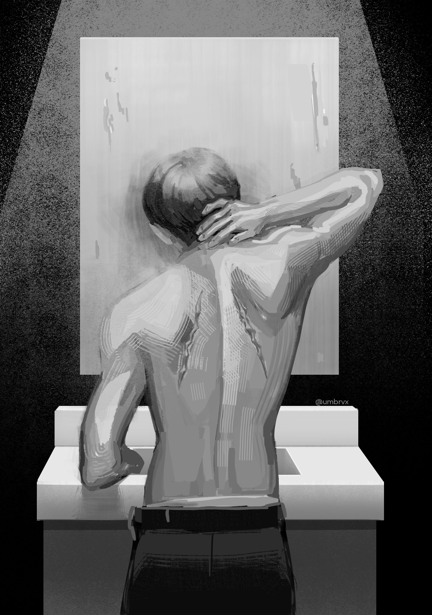 umbrvx, kim dokja, omniscient reader's viewpoint, highres, 1boy, belt, cowboy shot, elbow rest, from behind, greyscale, hand on own neck, head tilt, male focus, male underwear, mirror, monochrome, muscular, muscular male, no shirt, pants, scar, scar on back, short hair, sink, solo, spotlight, standing, underwear