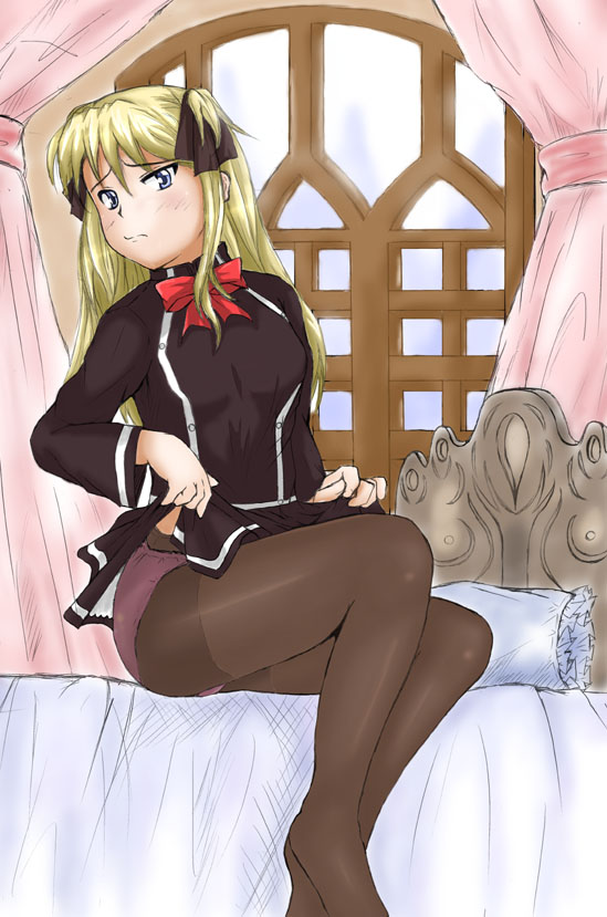 shalon, quiz magic academy, bed, blonde hair, blue eyes, bow, curtains, dress, panties, pantyhose, sitting, underwear, window