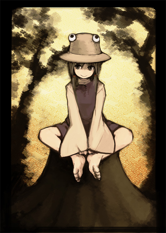 kuro (catcap), kamin, moriya suwako, touhou, bad id, bad pixiv id, 1girl, barefoot, border, butterfly sitting, feet, female focus, hat, sepia, short hair, sitting, smile, solo, tree stump, v arms