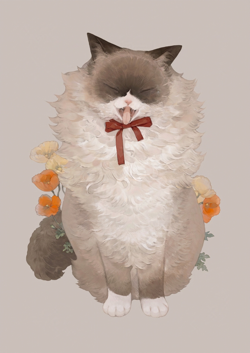 nekosuke (oxo), original, commentary request, highres, animal, animal focus, cat, closed eyes, facing viewer, flower, full body, neck ribbon, no humans, open mouth, orange flower, red ribbon, ribbon, simple background, sitting, solo, tongue, tongue out