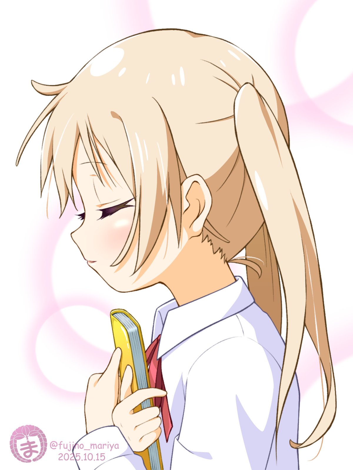 fujino mariya, takasaki misaki (yuruyuri), oomuro-ke, yuruyuri, commentary request, highres, 1girl, blonde hair, book, closed eyes, dress shirt, from side, hands up, holding, holding book, hugging object, light blush, light smile, long hair, neck ribbon, red ribbon, ribbon, shirt, simple background, solo, twintails, upper body, white shirt