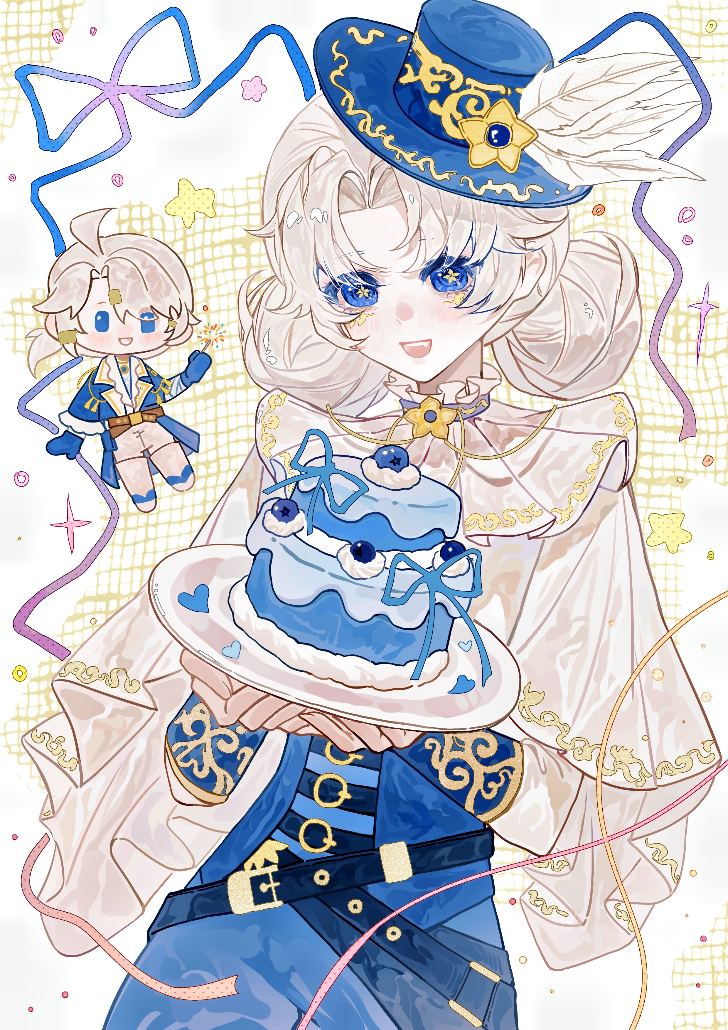 lily barriere, lily barriere (oph.lily), luca balsa, luca balsa (oph.luca), identity v, absurdres, artist request, chinese commentary, commentary request, commission, highres, second-party source, 1boy, 1girl, belt, birthday, blue eyes, blue hat, blue ribbon, blue shirt, blue shorts, blueberry, blush, cake, capelet, chibi, chibi inset, cowboy shot, curtained hair, double bun, fang, food, frilled shirt collar, frills, fruit, hair bun, happy birthday, hat, hat feather, heart, holding, holding cake, holding fireworks, holding food, long sleeves, mark under both eyes, mini hat, open mouth, ribbon, shirt, shorts, smile, solo focus, star (symbol), strap, white capelet, white hair