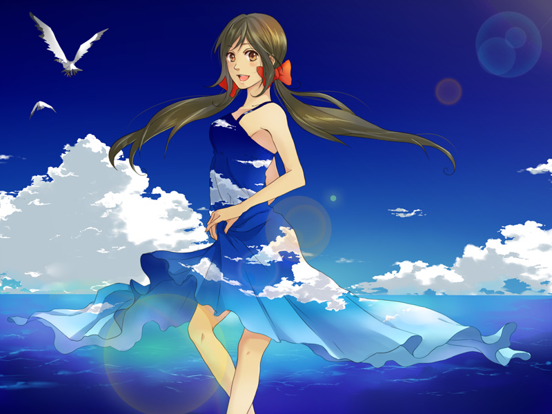 sanga, seychelles (hetalia), axis powers hetalia, bad id, bad pixiv id, 00s, 1girl, a world underneath, bird, brown eyes, brown hair, cloud, day, dress, female focus, hair ribbon, ocean, outdoors, ribbon, skirt hold, sky, smile, solo, sundress, twintails, water