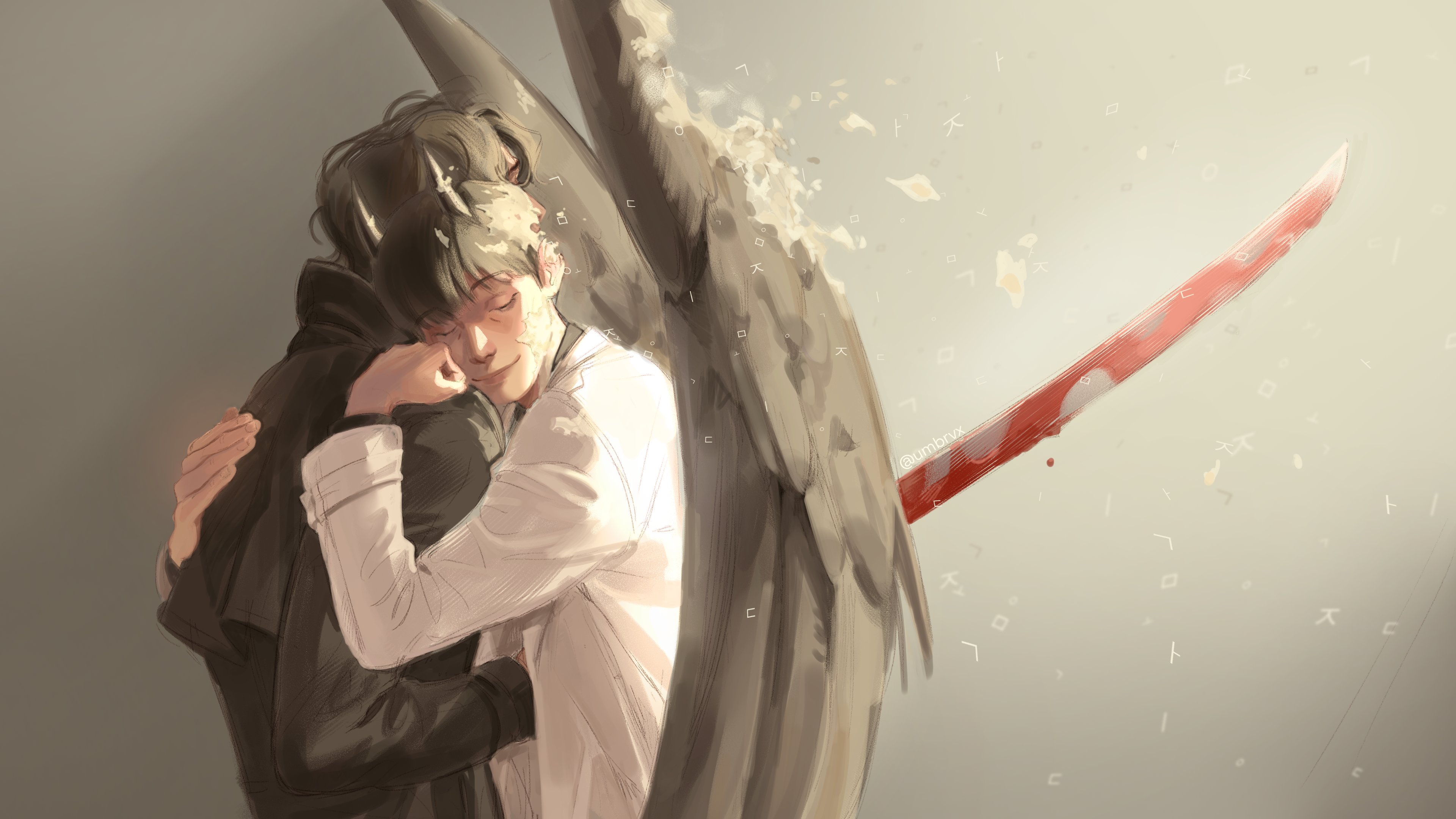umbrvx, kim dokja, yoo joonghyuk, omniscient reader's viewpoint, absurdres, highres, 2boys, black coat, black hair, black wings, blood, blood drip, bloody weapon, closed eyes, coat, demon horns, disintegration, feathered wings, head on another's shoulder, horns, hug, impaled, male focus, multiple boys, official alternate costume, popped collar, short hair, smile, stab, upper body, weapon, white coat, wings