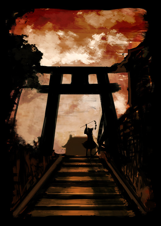 kuro (catcap), hakurei reimu, kamin, touhou, bad id, bad pixiv id, 1girl, arm up, border, dark, female focus, gohei, japanese clothes, miko, scenery, shade, shrine, silhouette, solo, stairs, sunset, torii