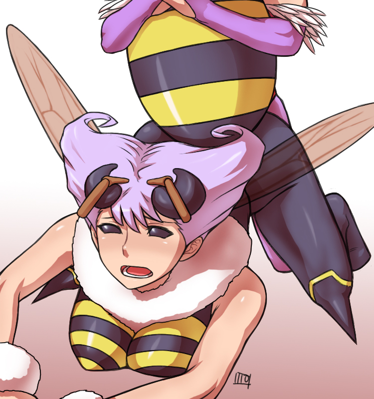 lilith (darkstalkers), q-bee, capcom, darkstalkers, artist request, antennae, arthropod girl, bee girl, insect wings, monster girl, pantyhose, purple eyes, purple hair, short hair, wings, yuri
