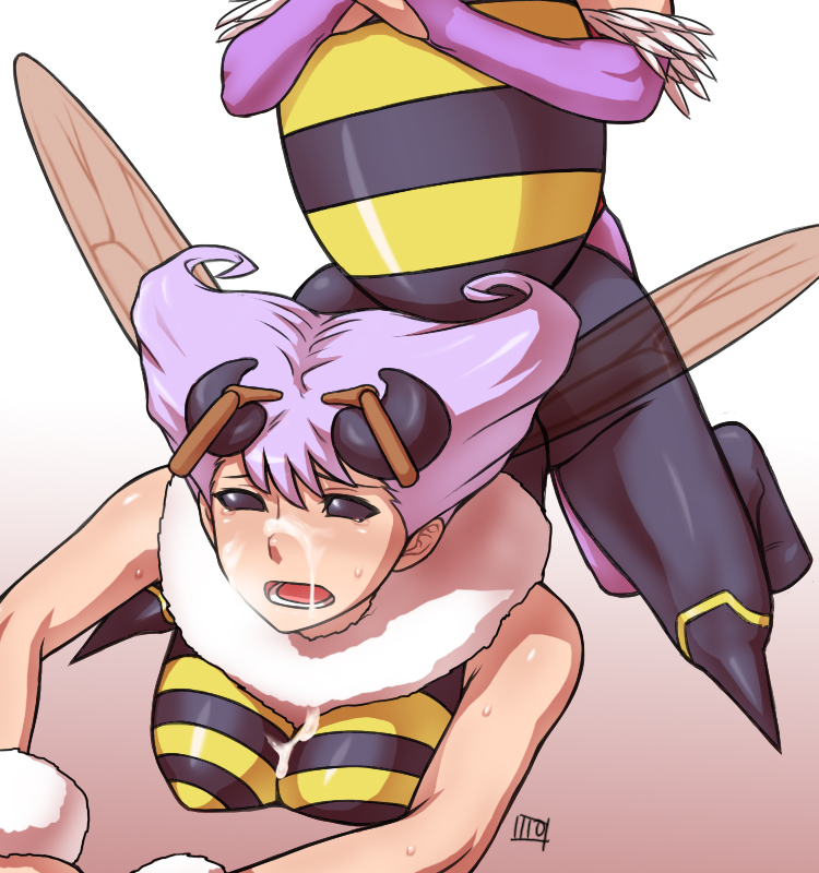 lilith (darkstalkers), q-bee, capcom, darkstalkers, artist request, antennae, arthropod girl, bee girl, cum, insect wings, monster girl, pantyhose, purple eyes, purple hair, rape, restrained, short hair, wings, yuri