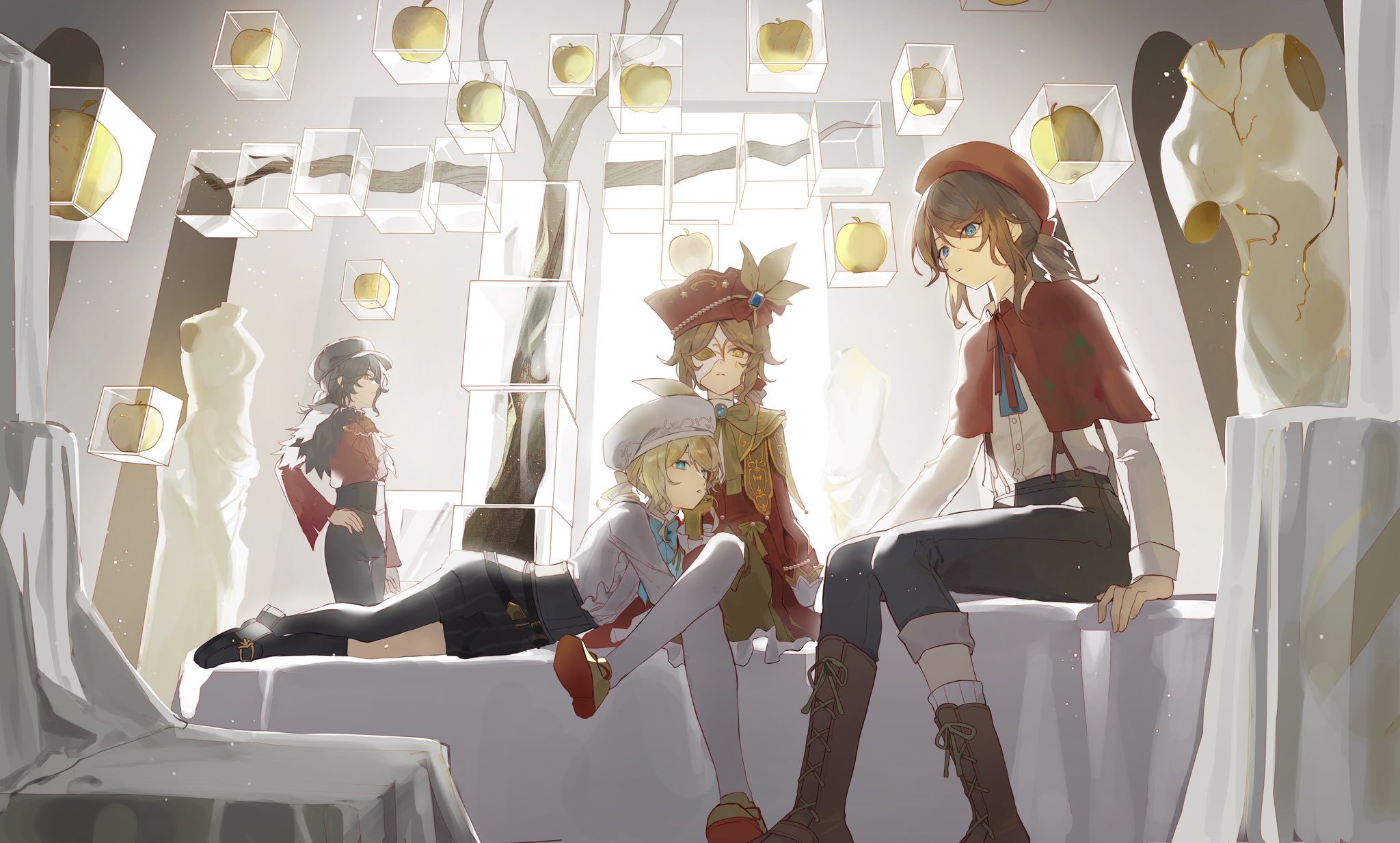 pba 471, edgar valden, edgar valden (golden ratio), edgar valden (multicolor printing), edgar valden (narcissus), identity v, highres, 4boys, androgynous, apple, ascot, asymmetrical legwear, backlighting, beret, black corset, black hair, black hat, black pants, black pantyhose, black shoes, blonde hair, blue bow, blue bowtie, blue eyes, blue gemstone, boots, bow, bowtie, brown boots, brown hair, capelet, corset, crossed legs, denim, drill hair, drill ponytail, expressionless, eye mask, food, frilled shirt, frills, fruit, gem, golden apple, hair bow, half eye mask, hat, jeans, kneehighs, knees together feet apart, loafers, lying, male focus, mask, multiple boys, multiple persona, neck ribbon, on side, pants, pants rolled up, pantyhose, parted lips, red ascot, red bow, red capelet, red hat, red ribbon, red shirt, red tunic, ribbon, sculpture, shirt, shoes, single leg pantyhose, sitting, socks, surreal, suspenders, trap, tree, tunic, uneven legwear, white pantyhose, white shirt, yellow bow, yellow bowtie, yellow eyes