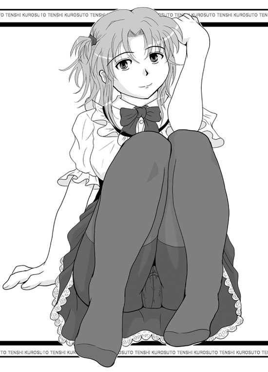 1girl, bow, dress, feet, female focus, foot focus, looking at viewer, pantyhose, short hair, sitting, smile, solo