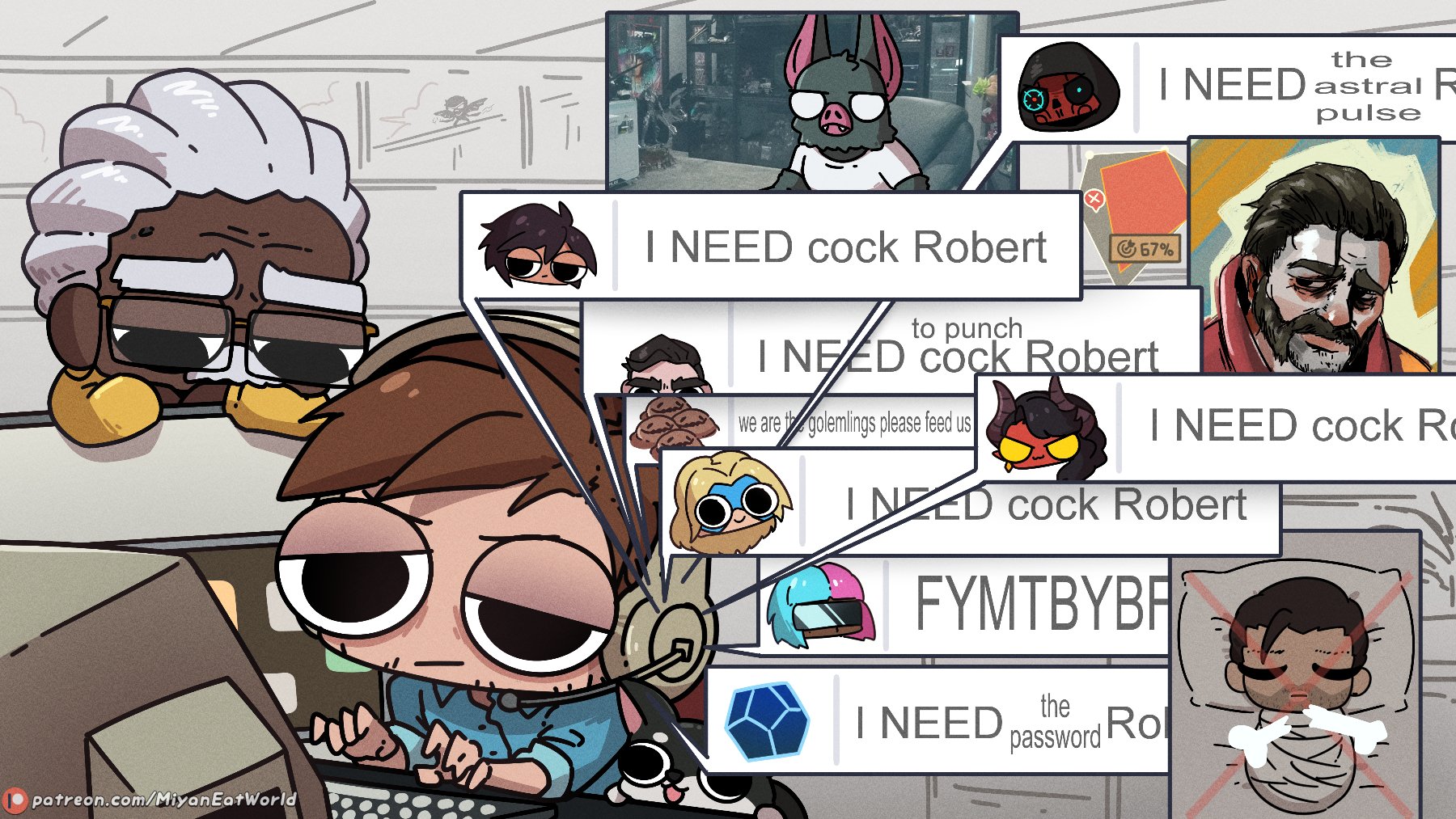 miyan (oceanmaiden), beef (dispatch), blonde blazer, chase (dispatch), coupe (dispatch), cr1tikal, flambae (dispatch), golem (dispatch), invisigal (dispatch), malevola (dispatch), phenomaman (dispatch), prism (dispatch), punch up (dispatch), robert robertson, shroud (dispatch), sonar (dispatch), disco elysium, dispatch, commentary, english commentary, highres, bat boy, beard stubble, bed, black hair, blonde hair, blue shirt, broken bone, brown hair, closed eyes, collared shirt, colored skin, computer, computer keyboard, dark-skinned male, dark skin, demon girl, demon horns, dog, domino mask, eye mask, facial hair, gameplay mechanics, grey hair, headset, horns, mask, meme, pillow, red skin, retsu kaioh's head lying in a hospital bed (meme), shirt, stubble, yellow eyes, yellow shirt