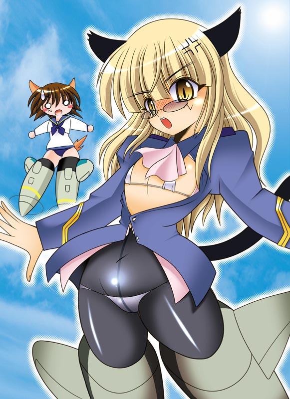 miyafuji yoshika, perrine h. clostermann, strike witches, world witches series, tagme, 00s, animal ears, blonde hair, bra, brown hair, glasses, lingerie, panties, pantyhose, tail, underwear, yellow eyes