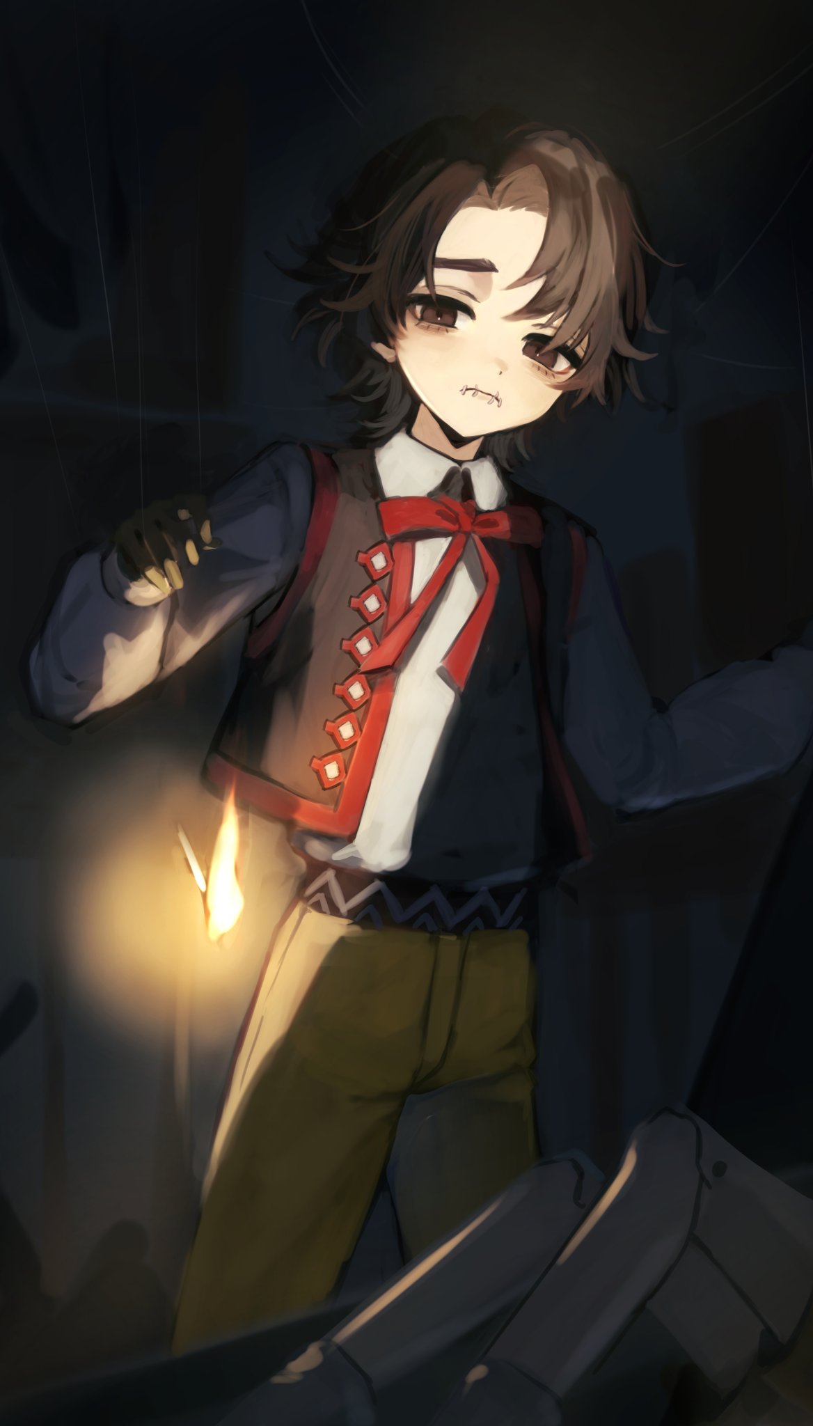 identity v, commentary request, highres, 1boy, 37mimi aim, aged down, alternate costume, bow, bowtie, brown eyes, brown hair, cowboy shot, cropped vest, fire, hair intakes, looking down, louis (identity v), matches, out of frame, puffy sleeves, raised inner eyebrows, red bow, red bowtie, shirt, shorts, stitched mouth, stitches, vest, white shirt, yellow shorts