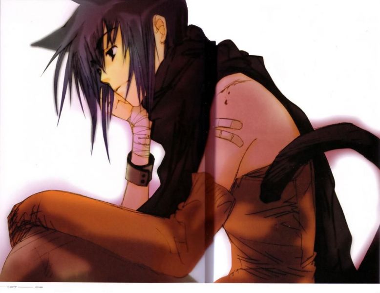 aoyagi ritsuka, loveless, scan, 00s, animal ears, bandages, bandaid, blood, bracelet, cat boy, cat ears, cat tail, gloves, injury, jewelry, long hair, male focus, pants, scarf, smile, tail