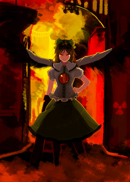 kuro (catcap), kamin, reiuji utsuho, touhou, bad id, bad pixiv id, 1girl, black hair, bow, female focus, hair bow, red eyes, solo, wings