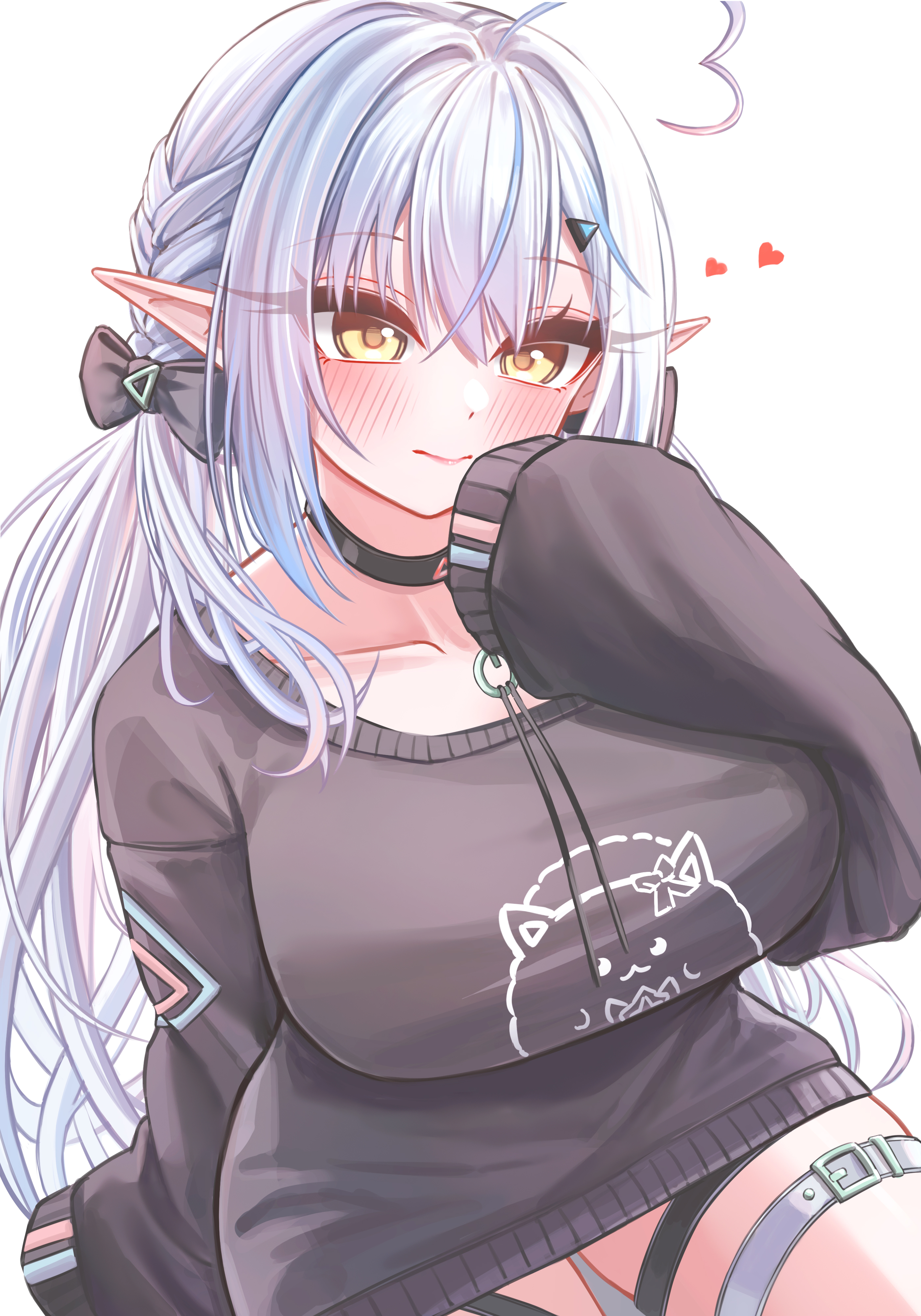 ruo1001, yukihana lamy, hololive, absurdres, commentary request, highres, 1girl, ahoge, alternate costume, alternate hairstyle, black bow, black shirt, blue hair, blush, bow, breasts, closed mouth, elf, hair bow, heart, heart ahoge, large breasts, long hair, looking at viewer, pink hair, pointy ears, shirt, sleeves past fingers, sleeves past wrists, solo, thigh strap, very long hair, virtual youtuber