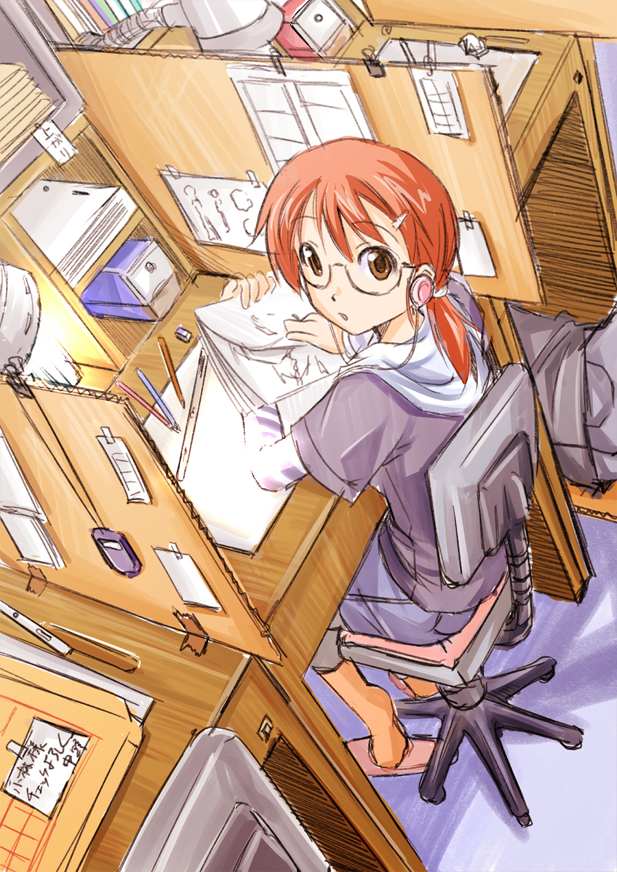 ayakaze ryuushou, original, drawing, highres, 1girl, animation sheet, animator, brown eyes, chair, desk, earphones, female focus, glasses, hood, hoodie, orange hair, paper, pencil sharpener, pencils, red hair, sitting, solo