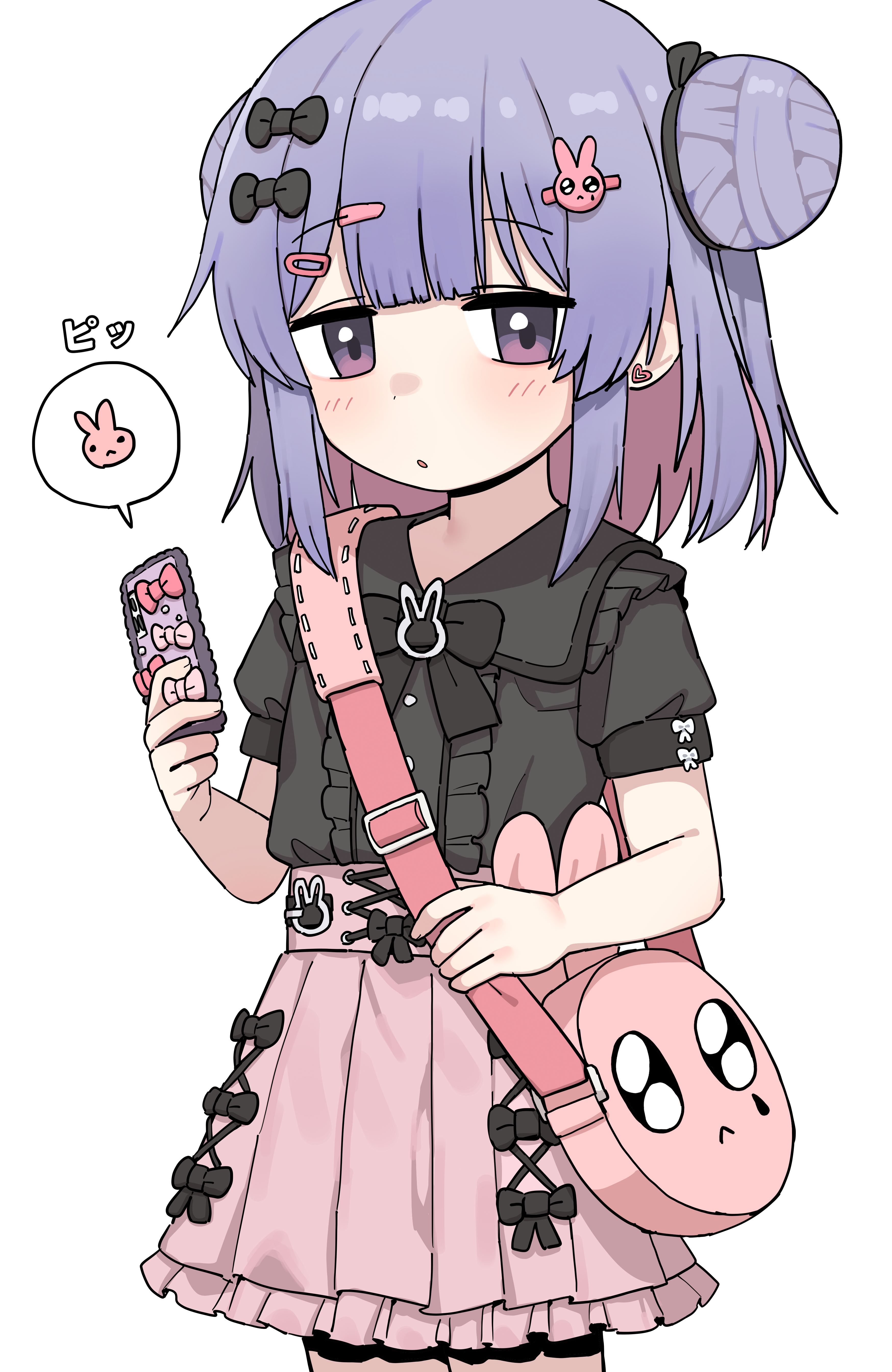 lakilolom, original, absurdres, commentary request, highres, korean commentary, 1girl, bag, black bow, black shirt, bow, cellphone, center frills, collared shirt, double bun, dress shirt, frilled skirt, frills, hair bow, hair bun, hair ornament, hairclip, holding, holding phone, jirai kei, multicolored hair, parted lips, phone, pink hair, pink skirt, pleated skirt, puffy short sleeves, puffy sleeves, purple eyes, purple hair, rabbit hair ornament, shirt, short sleeves, shoulder bag, simple background, skirt, solo, spoken animal, two-tone hair, white background
