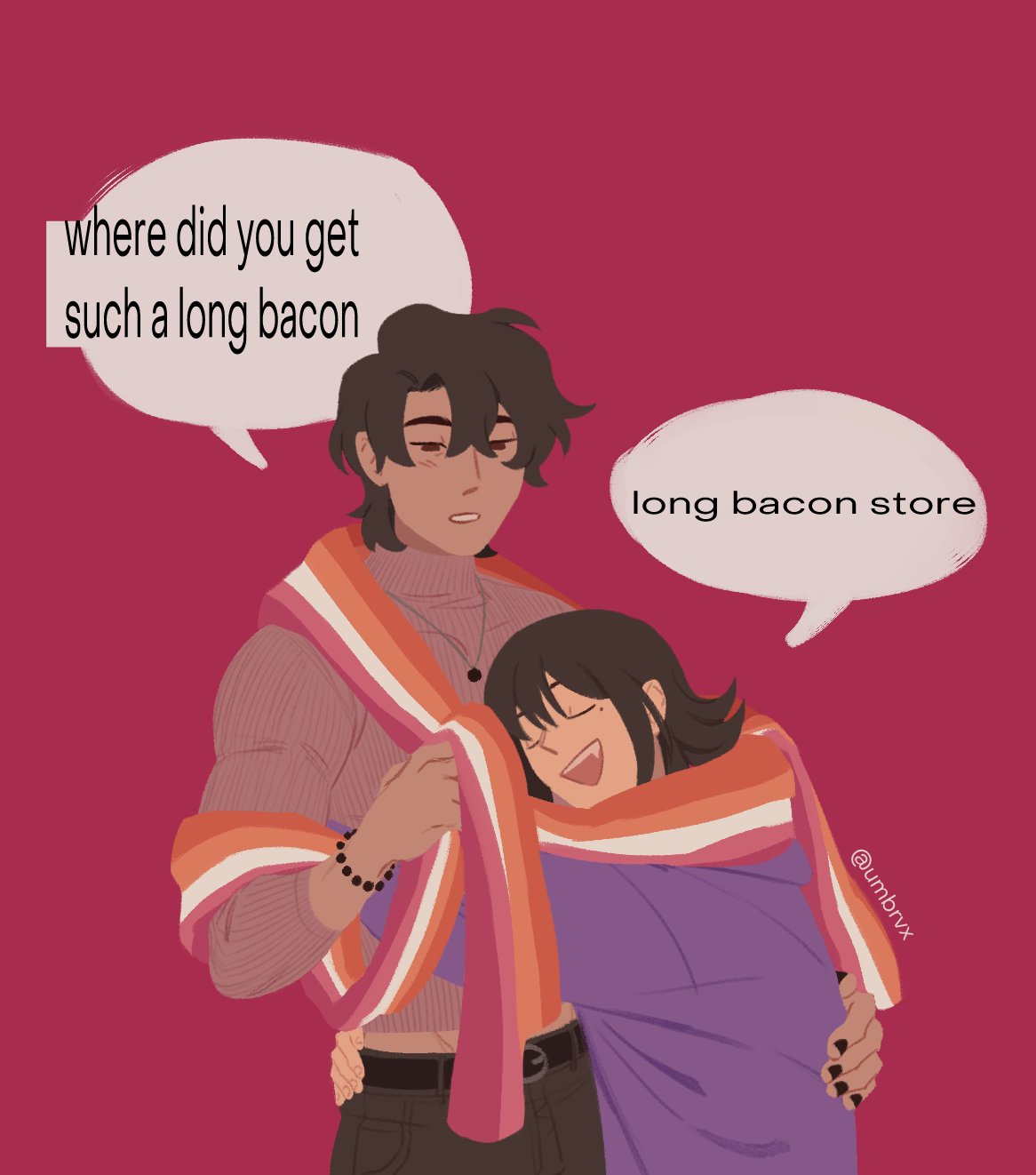 umbrvx, long bacon store (meme), omniscient reader's viewpoint, commentary, english commentary, highres, 1boy, 1girl, arm around waist, bead bracelet, beads, belt, black hair, black nails, bracelet, closed eyes, cowboy shot, curtained hair, english text, grin, hair between eyes, hand on another's back, height difference, hug, jewelry, lesbian flag, meme, midriff peek, necklace, no lineart, scarf, shared clothes, shared scarf, short hair, smile, speech bubble, sweater