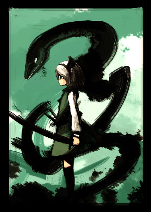 kuro (catcap), kamin, konpaku youmu, touhou, bad id, bad pixiv id, 1girl, female focus, ribbon, short hair, snake, solo, sword, weapon, white hair
