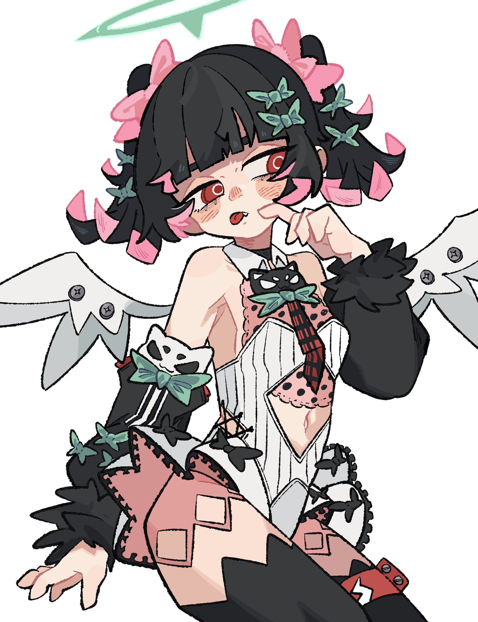 uracata, rokudu sariel, zenless zone zero, hashtag-only commentary, highres, 1girl, bare shoulders, black bow, black hair, black sleeves, black thighhighs, blush, bow, breasts, checkered necktie, clothing cutout, collarbone, colored inner hair, cowboy shot, detached collar, detached sleeves, fur-trimmed sleeves, fur trim, green bow, green halo, half-closed eyes, halo, hand on own cheek, hand on own face, head tilt, looking to the side, multicolored hair, navel, navel cutout, necktie, pink bow, red eyes, red necktie, screw, short twintails, simple background, small breasts, solo, thighhighs, tongue, tongue out, too many bows, twintails, white background, white wings, wings